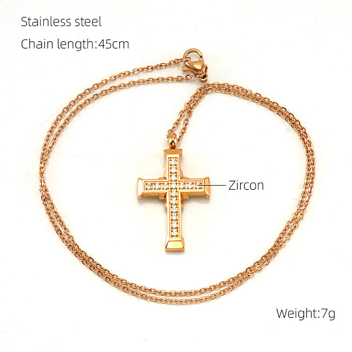 Halskette mit Kreuz-Anhänger im klassischen Stil, Edelstahl-Inlay, Zirkon, 18 Karat vergoldet