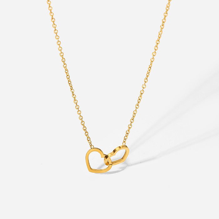 Simple 18K Gold Stainless Steel  Double Heart Ring Necklace Wholesale