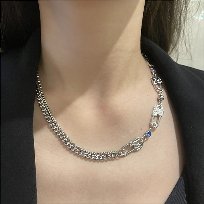 Fashion Sky Blue Zircon Pin Stainless Steel  Double-layer Necklace Wholesale jewelry