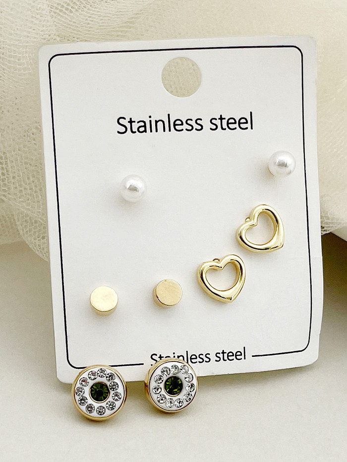 1 Set Casual Simple Style Commute Heart Shape Beetles Eye Enamel Plating Inlay Stainless Steel  Artificial Pearls Zircon Gold Plated Ear Studs