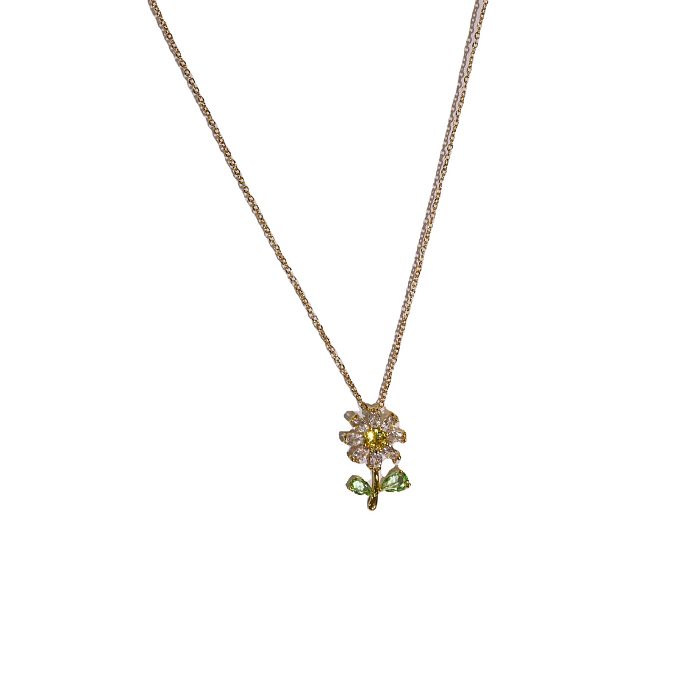 Sweet Sunflower Stainless Steel Inlaid Zircon Necklace 1 Piece
