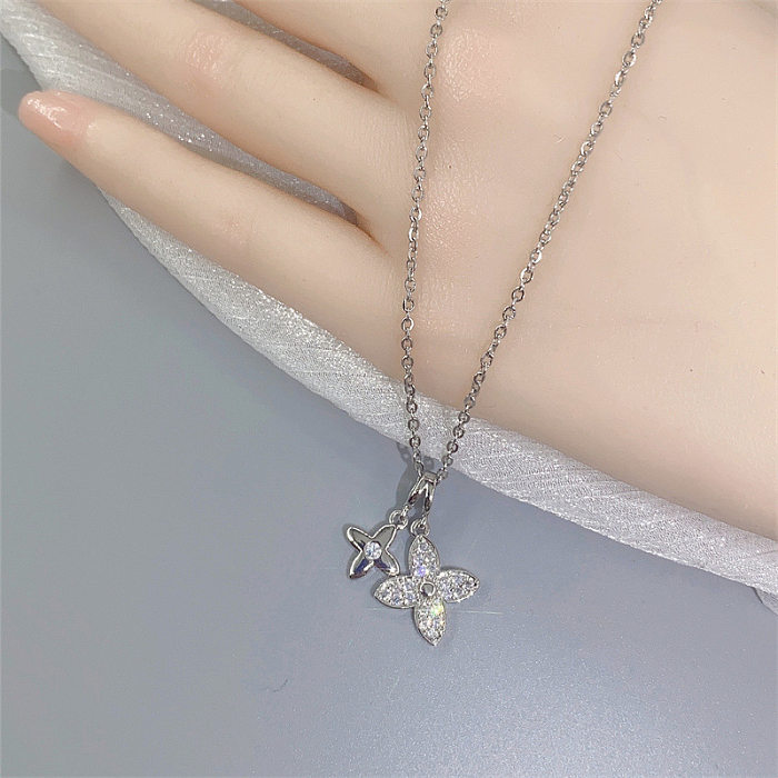 Fashion Four Leaf Clover Stainless Steel Inlay Zircon Pendant Necklace 1 Piece