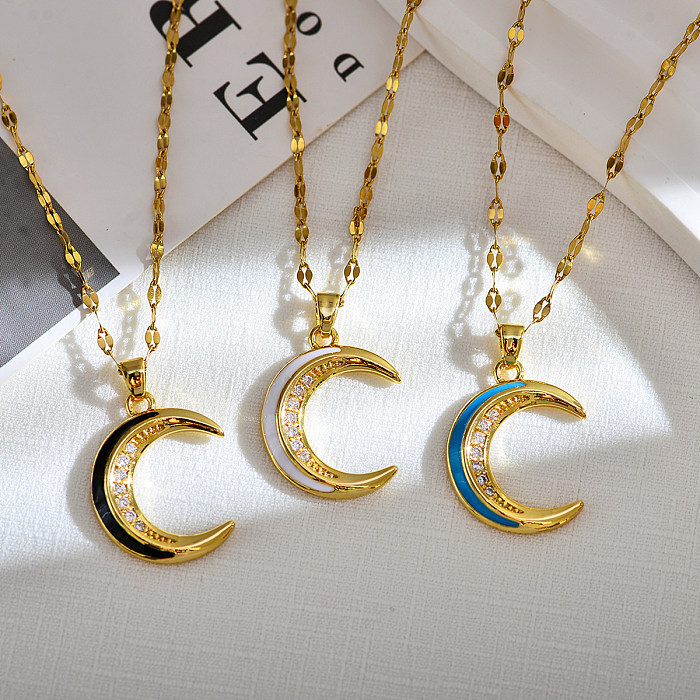 Elegant Luxurious Moon Stainless Steel Copper Enamel Plating Inlay Zircon 18K Gold Plated Pendant Necklace