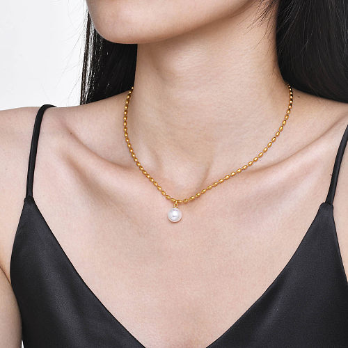IG Style Baroque Style Solid Color Stainless Steel  Polishing Plating Inlay Artificial Pearls 18K Gold Plated Pendant Necklace