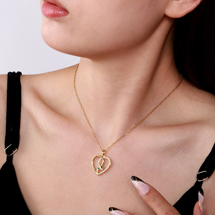 Korean Style Heart Shape Snake Stainless Steel  Plating Inlay Zircon 18K Gold Plated Necklace