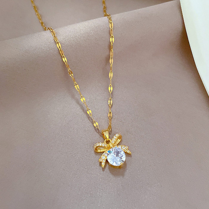 Sweet Bow Knot Stainless Steel  Copper Inlay Artificial Gemstones Pendant Necklace