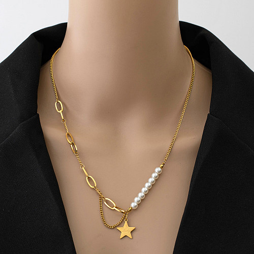 Collar con colgante chapado en oro de 18 quilates, lujoso, con letras de pentagrama y perlas de imitación de estilo vintage