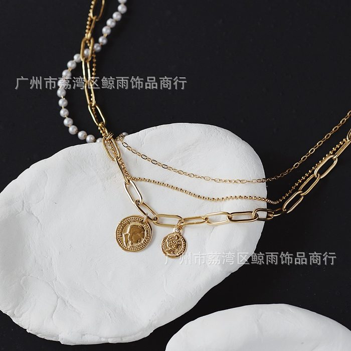 Cuban Fashion Roman Coin Pendant Pearl Three Layer Stainless Steel Necklace Bracelet
