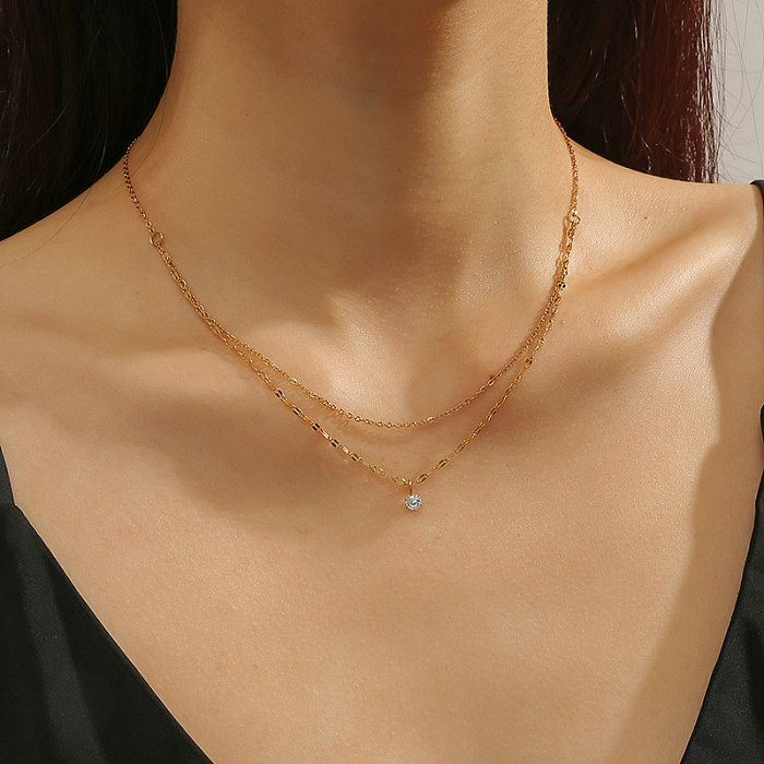 Simple Style Solid Color Stainless Steel Plating Inlay Rhinestones 18K Gold Plated Layered Necklaces