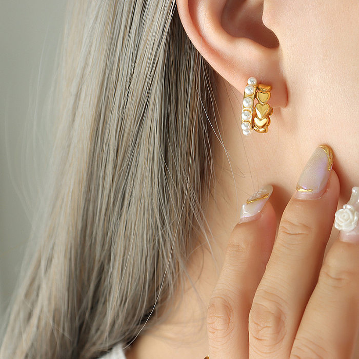 1 paire de clous d'oreilles en forme de cœur en forme de C, Style Simple, incrustation de placage en acier inoxydable, perles artificielles