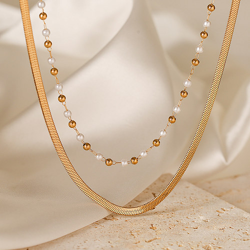 Simple Style Commute Solid Color Stainless Steel Beaded Plating 18K Gold Plated Layered Necklaces Pendant Necklace