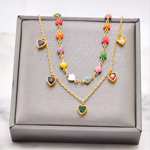 Vintage Style Heart Shape Stainless Steel Enamel Plating Inlay Zircon 18K Gold Plated Pendant Necklace