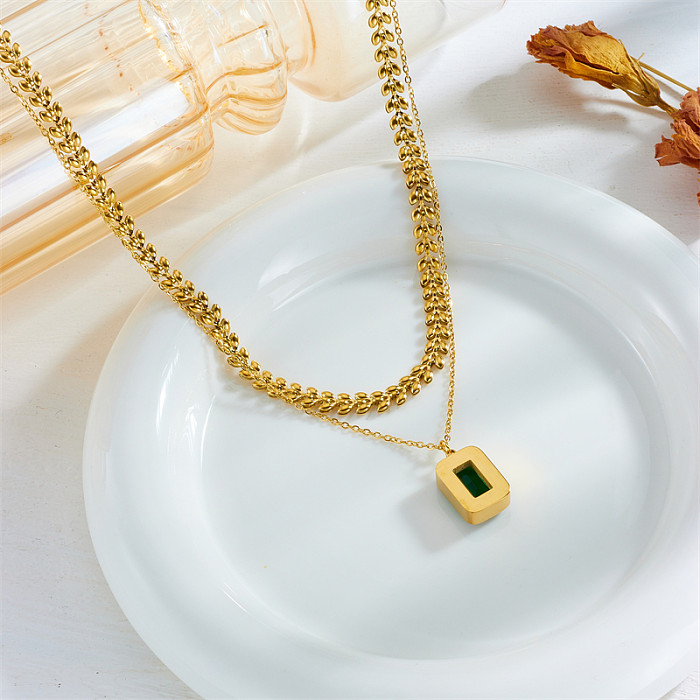 Retro Square Stainless Steel Plating Inlay Artificial Gemstones 18K Gold Plated Double Layer Necklaces