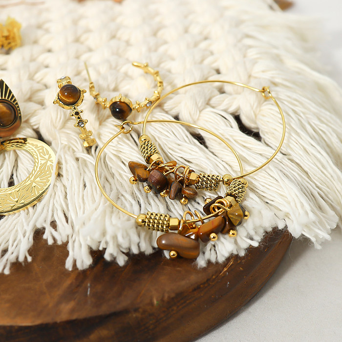1 Paar Vintage-Stil C-förmige runde Ohrringe mit Inlay aus Naturstein und 18 Karat vergoldetem Edelstahl