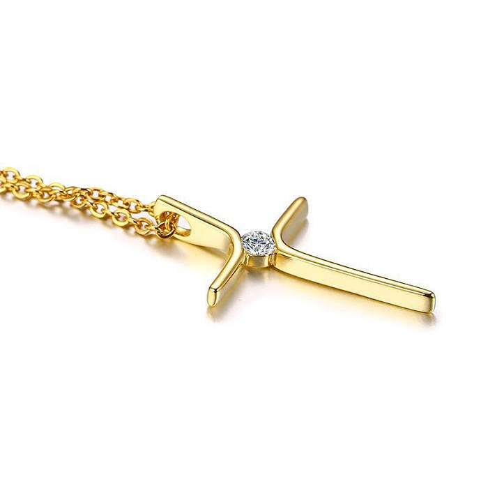 Collier pendentif en Zircon plaqué acier inoxydable, style simple, croix