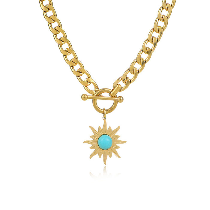 Simple Sunflower Turquoise Pendant Stainless Steel  Necklace