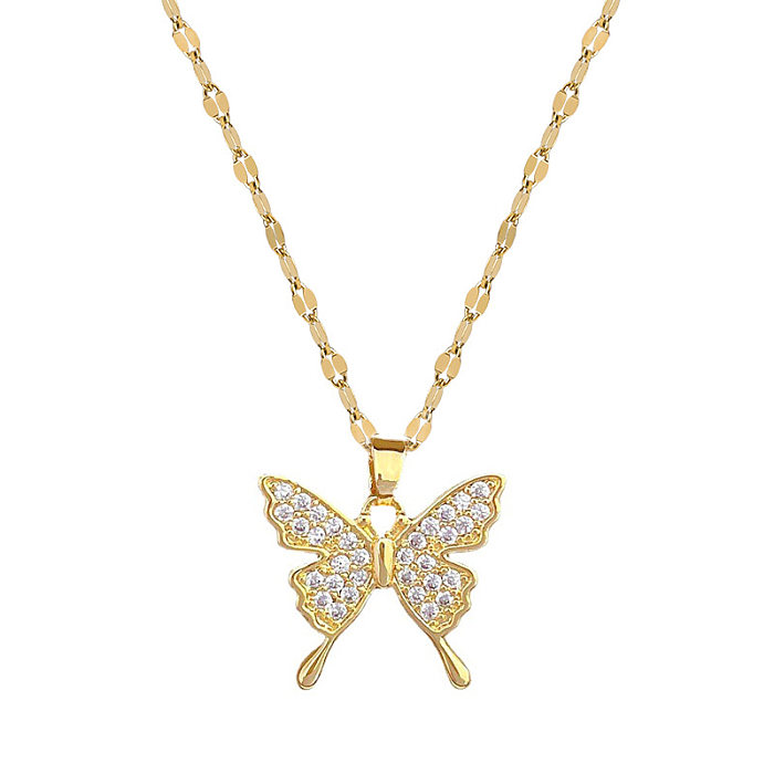 Sweet Butterfly Stainless Steel  Copper Inlay Artificial Gemstones Pendant Necklace