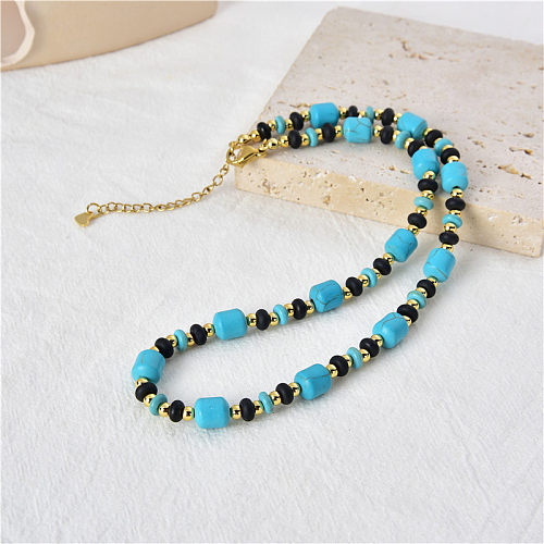 Retro Round Agate Stainless Steel Beaded Necklace
