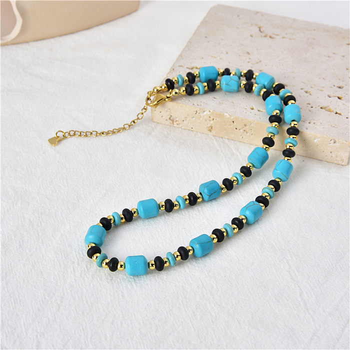 Retro Round Agate Stainless Steel Beaded Necklace