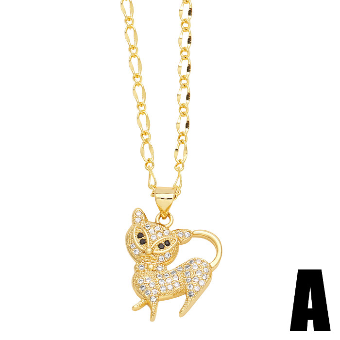 Niedliche, süße Katze, Edelstahl-Kupferbeschichtung, Inlay, Zirkon, 18 Karat vergoldet, Anhänger-Halskette, lange Halskette