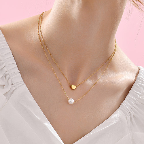 Sweet Heart Shape Stainless Steel  Beaded Layered Necklaces Pearl Stainless Steel  Necklaces 1 Piece