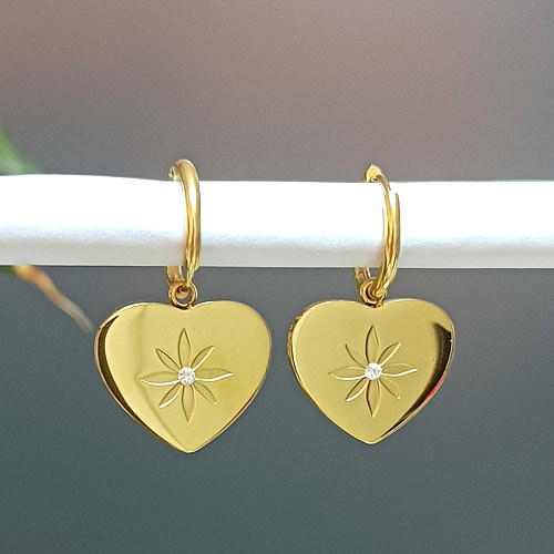 1 Pair Casual Simple Style Heart Shape Polishing Plating Inlay Stainless Steel Zircon 18K Gold Plated Drop Earrings