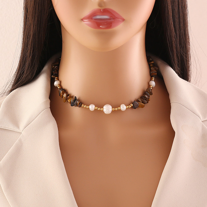 Collier de vacances en acier inoxydable, Style Simple, Imitation de perles, pierre naturelle, fait à la main