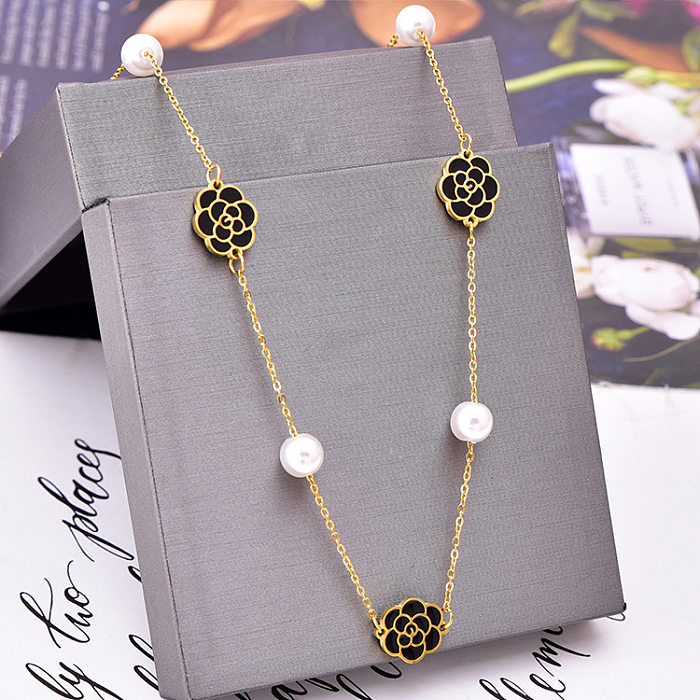 Retro Flower Stainless Steel Epoxy Artificial Pearls Necklace