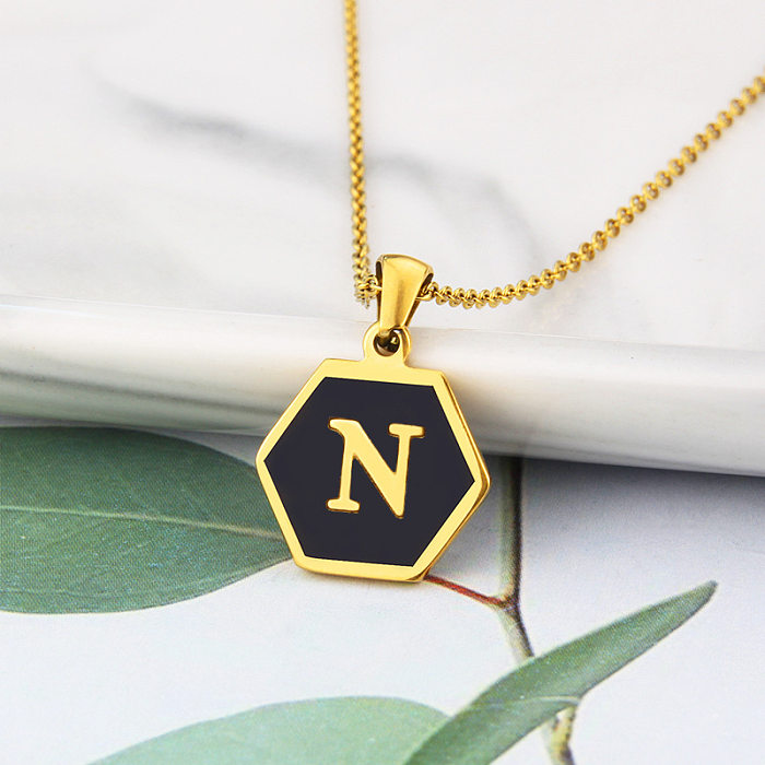 Wholesale Jewelry Simple Hexagon 26 Letter Pendant Stainless Steel  Necklace jewelry