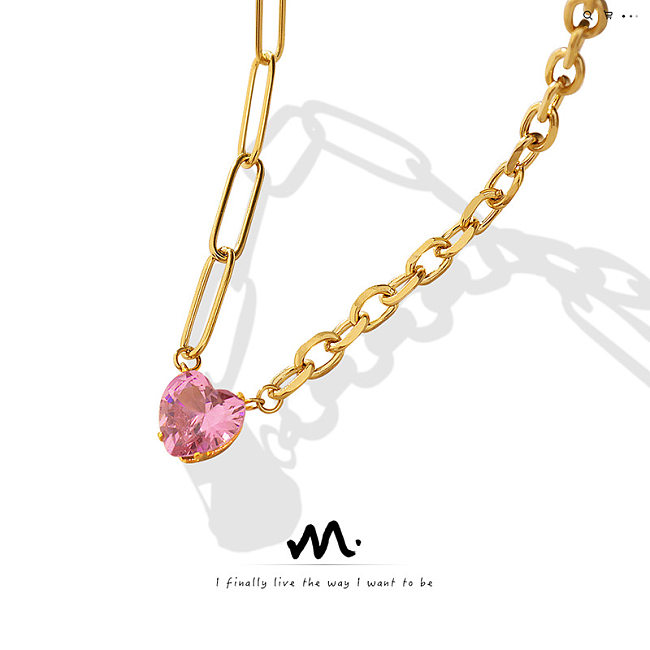 Collier coréen avec pendentif en forme de cœur incrusté de Zircon rose, en acier inoxydable, nouvelle tendance