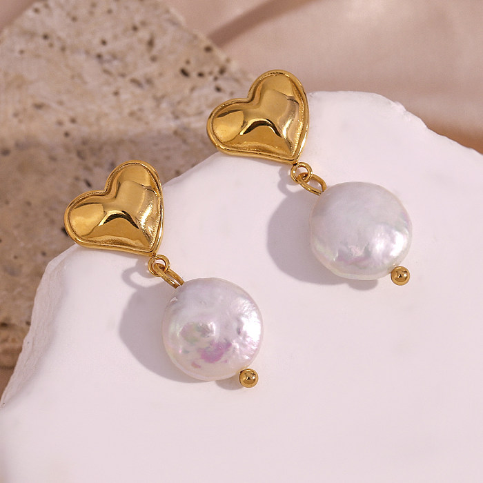 1 Pair French Style Heart Shape Stainless Steel  Freshwater Pearl Plating 18K Gold Plated Drop Earrings