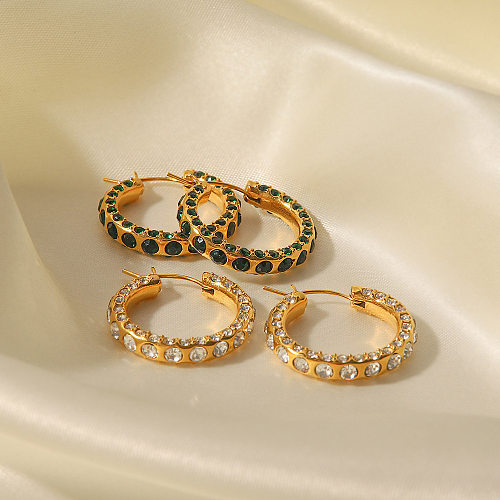 Fashion Geometric Stainless Steel  Gold Plated Rhinestones Hoop Earrings 1 Pair