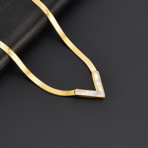 Simple Style V Shape Stainless Steel Inlay Zircon 18K Gold Plated Pendant Necklace