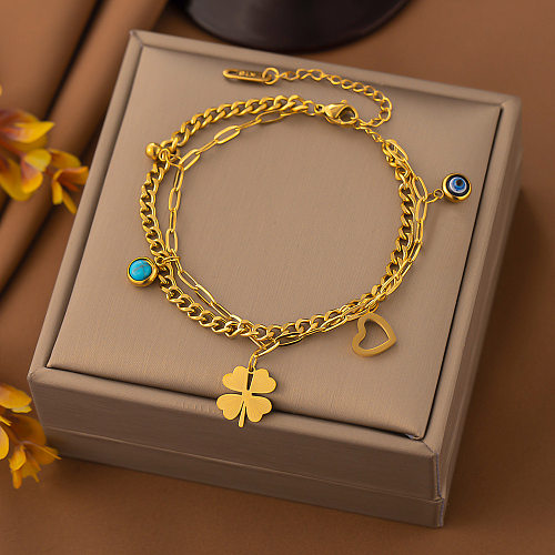 IG Style Vintage-Stil vierblättriges Kleeblatt-Armband mit Titan-Stahlbeschichtung, Inlay, türkisfarbenem Harz und 18 Karat vergoldet