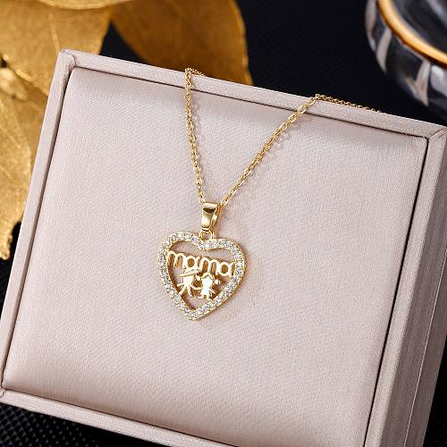 MAMA Letter Heart Shape Stainless Steel  Stainless Steel Inlay Zircon Pendant Necklace