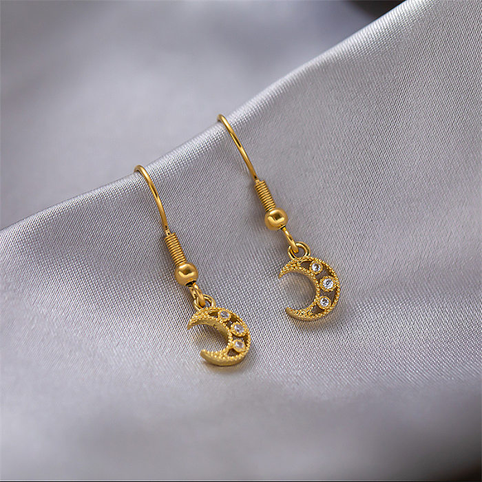 1 paire de boucles d'oreilles pendantes en acier inoxydable et Zircon, Style Simple, incrustation de lune