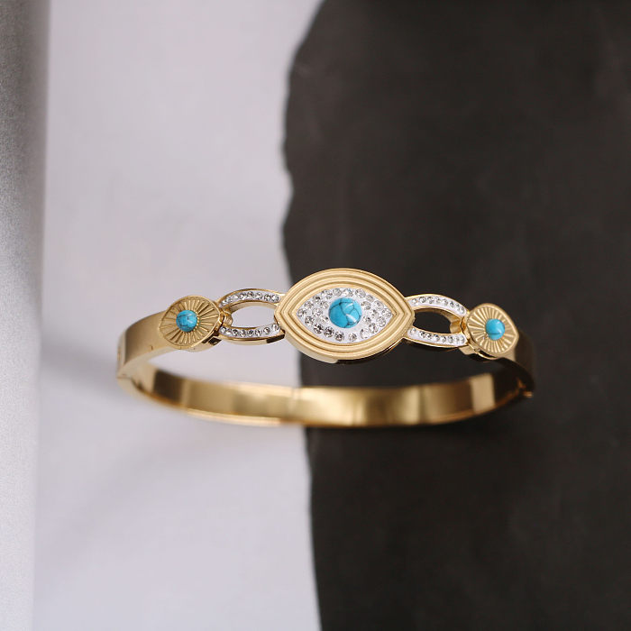 Casual Simple Style Devil'S Eye Titanium Steel Plating Hollow Out Inlay Turquoise Zircon Bangle