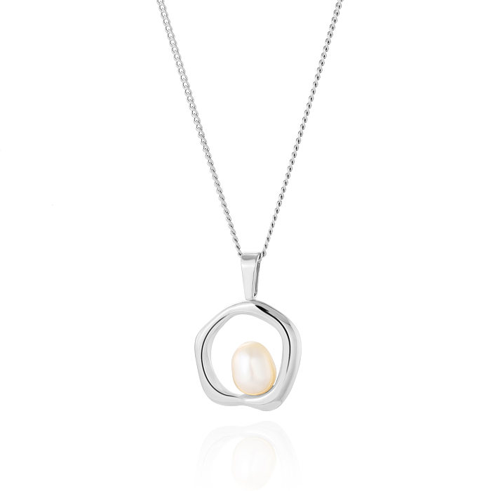 Collier pendentif rond en acier inoxydable plaqué or 18 carats avec perles d'eau douce de style IG