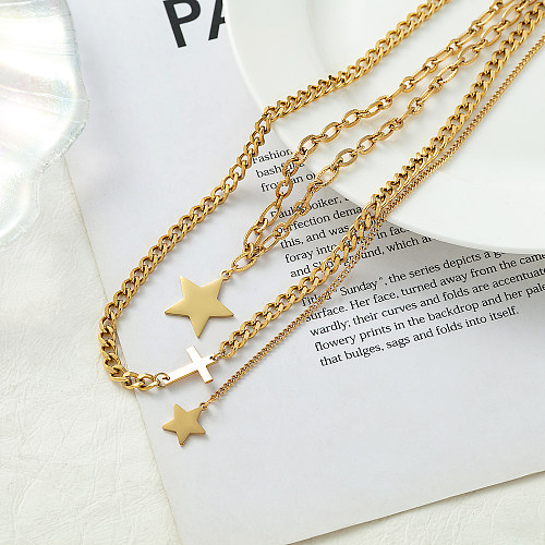 Vintage Style Cross Star Stainless Steel  Plating 18K Gold Plated Double Layer Necklaces