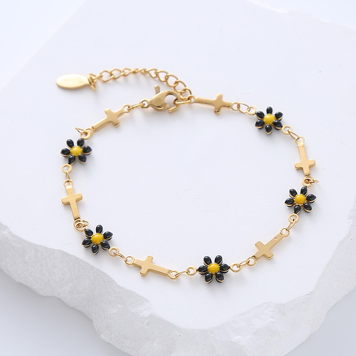 Estilo simples cruz flor aço inoxidável retalhos esmalte banhado a ouro pulseiras 1 peça