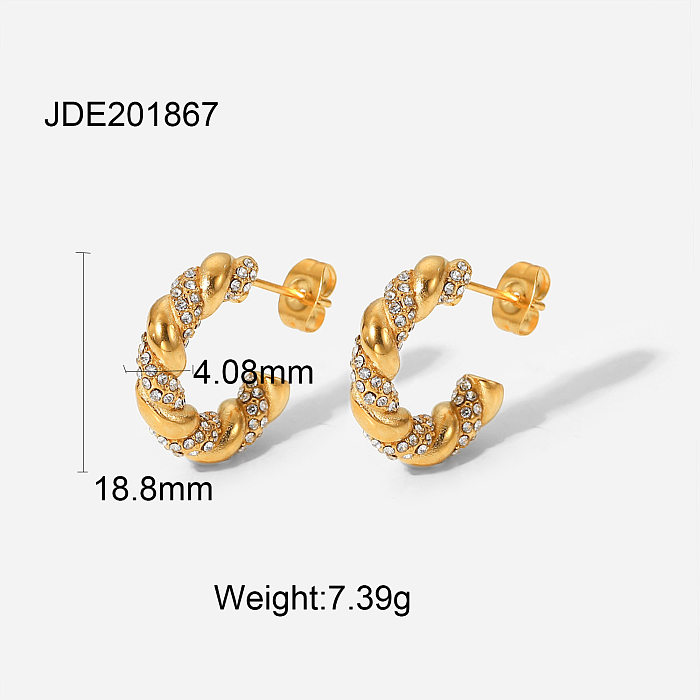 New Stainless Steel  Earrings Fashion 18K Gold Diamond C-shaped Earrings