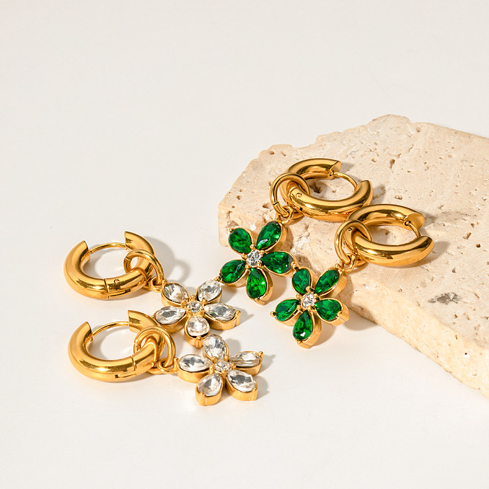 1 paire de boucles d'oreilles pendantes en acier inoxydable et Zircon plaqué or 18 carats, avec incrustation de fleurs douces