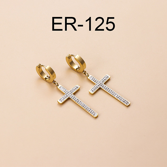 Vintage Style Cross Stainless Steel  Gold Plated Zircon Hoop Earrings 1 Pair
