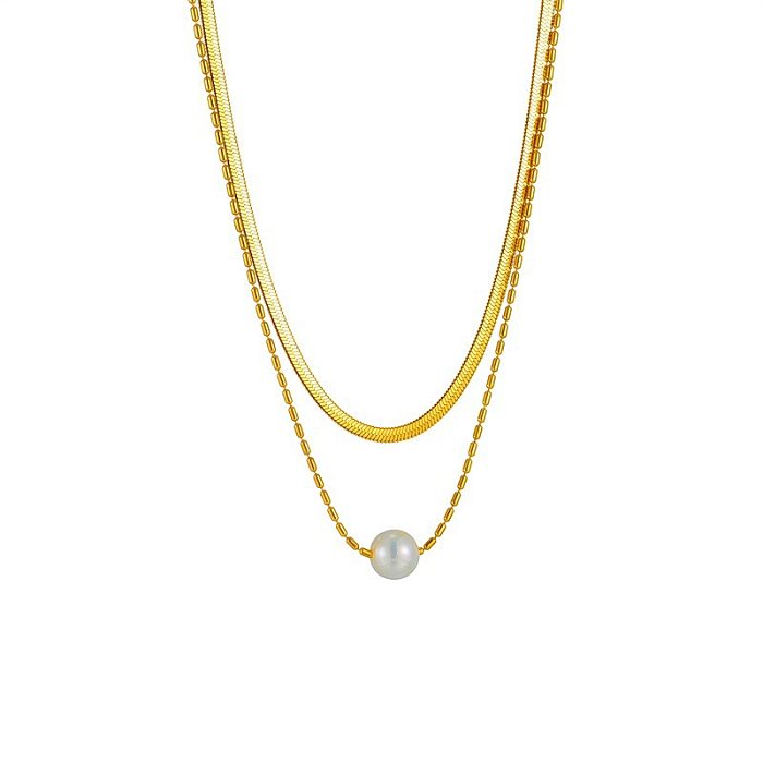 Elegant Lady Geometric Solid Color Imitation Pearl Stainless Steel Layered Necklaces
