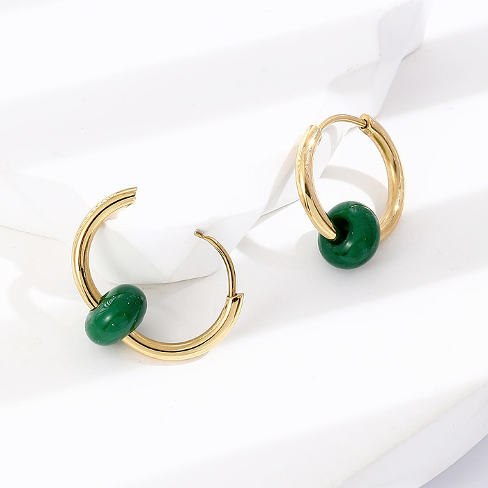 Stainless Steel Fashion Gold Earrings Green Round Earrings
