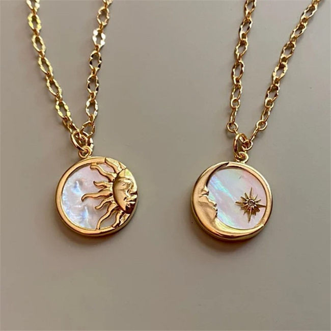 Ethnic Style Sun And Moon Totem Stainless Steel  Inlay Natural Fritillary Pendant Necklace