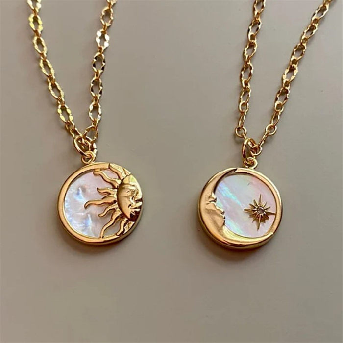 Ethnic Style Sun And Moon Totem Stainless Steel  Inlay Natural Fritillary Pendant Necklace