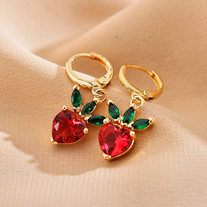 1 Pair Elegant Leaves Heart Shape Strawberry Stainless Steel  Inlay Zircon Drop Earrings