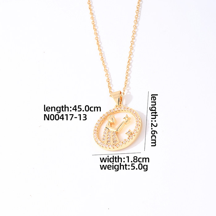Simple Style Shiny Round Constellation Stainless Steel  Copper Gold Plated Zircon Pendant Necklace In Bulk