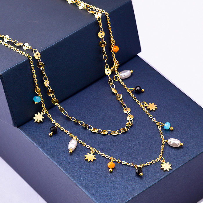 Collares en capas con cuentas de perlas artificiales con incrustaciones de acero inoxidable con estrella geométrica de moda